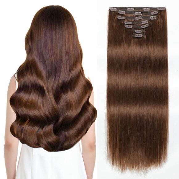 Clip in Hair Extensions Human Hair Straight 14 Inch 130g Chocolate Brown
